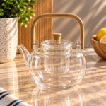 Tetera de Vidrio Borosilicato 600 ml con Infusor y Asa de Bambú