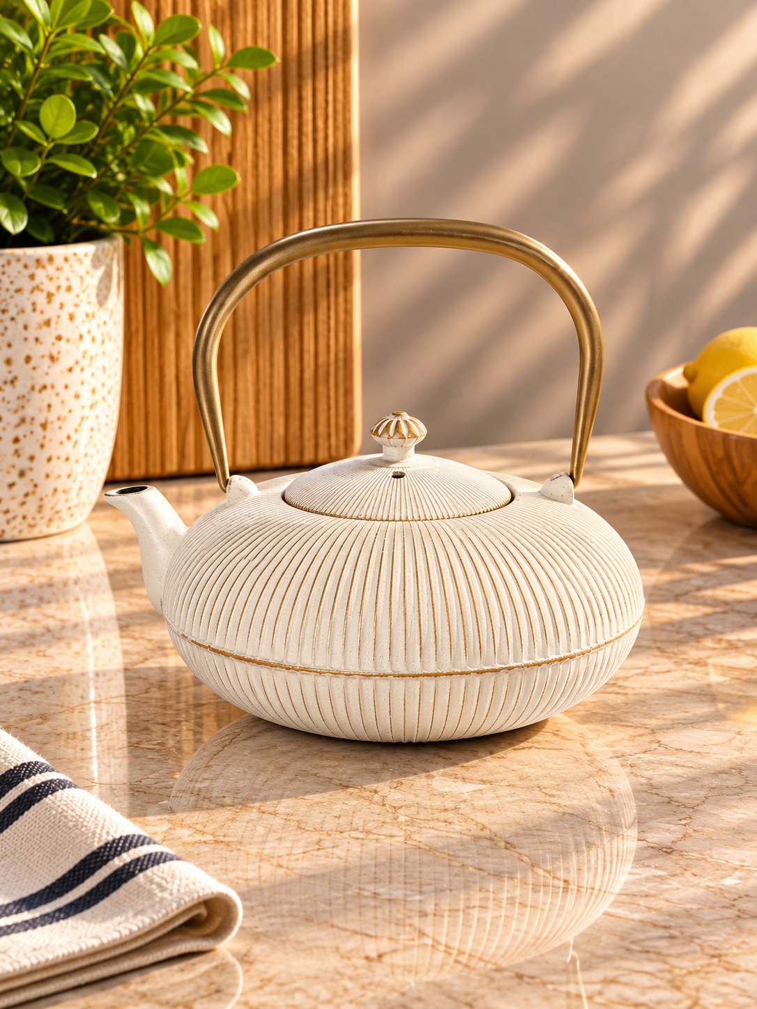 B0342A1C-3262-4D62-92A8-B1409DA6EDDA Tetera de Hierro Fundido Off-White con Asa Dorada 1200 ml - Imagen 1