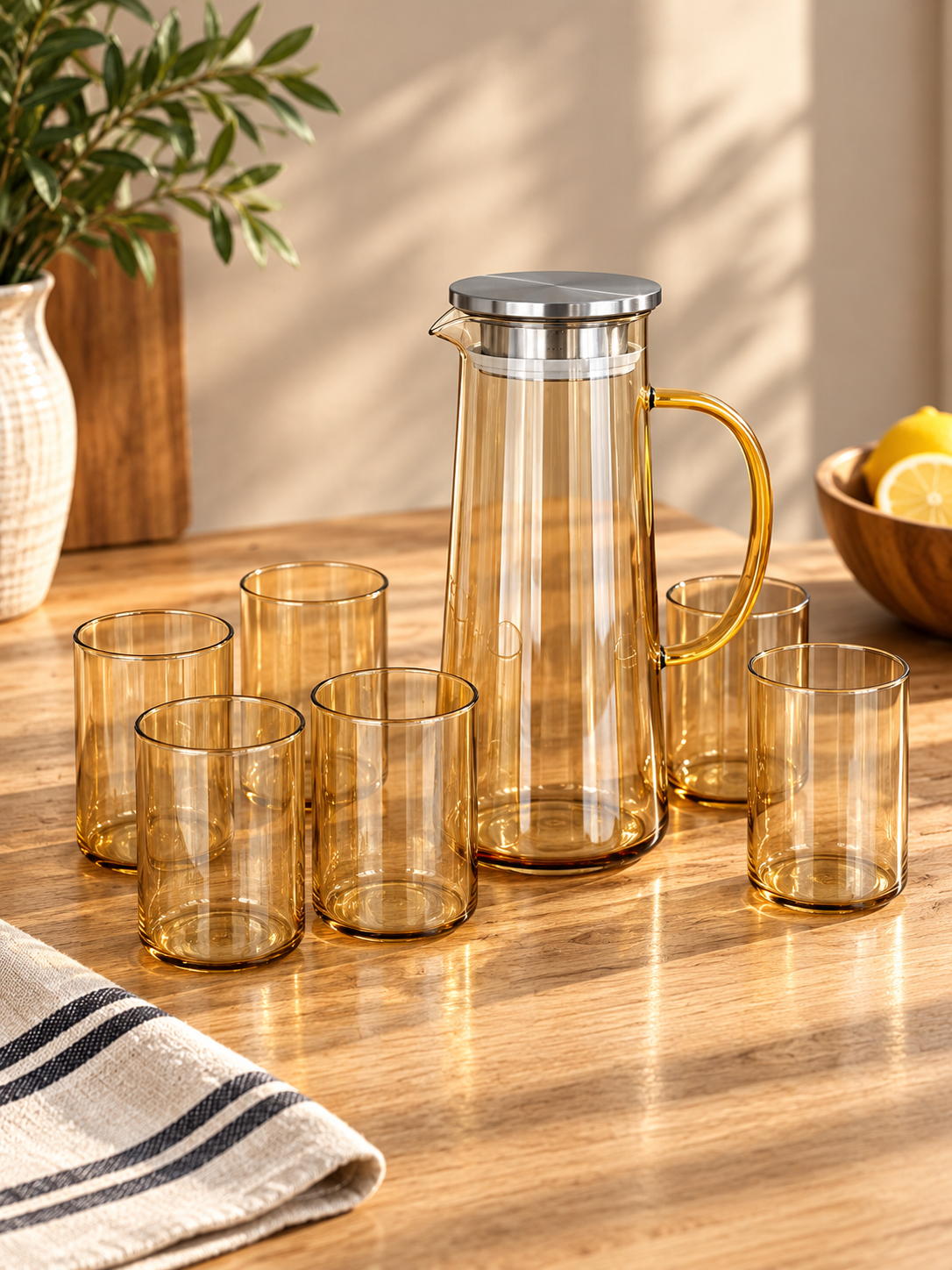C7174910-5D83-4EBB-87B8-0259E8C899F3 Set Zaly x 7 – Jarra 1450 ml + 6 Vasos 280 ml Ámbar - Imagen 1